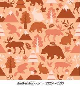 Seamless pattern with cute cartoon , elks, deer, bears, rabbits, beaver, rabbits on peach background. 