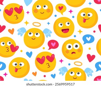 Seamless pattern with cute cartoon emoticons. Wrapping paper, design for Valentine's Day, Birthday. Yellow smileys on a white background. Angels, hearts and stars.