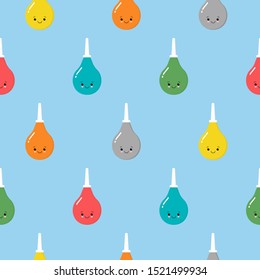 Seamless pattern of cute cartoon enema. Medical instruments . Blue enema with a plastic tip. Vector illustration. Kawaii style