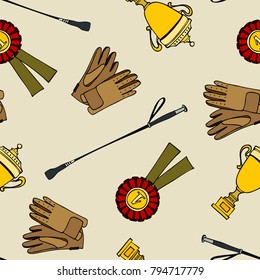 seamless pattern cute cartoon equestrian sport prize cupe gloves