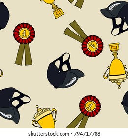 seamless pattern cute cartoon equestrian sport cupe prize helmet