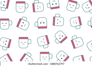 seamless pattern cute cartoon expressions cups flat style vector illustration for decoration, coloring book, backgrounds, gift wrapping . 
