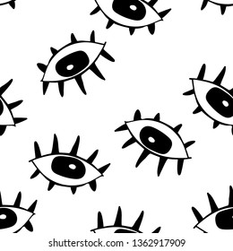 Seamless pattern with  cute cartoon eyes in abstract style. Black graphic drawnig of eyeballs with eyelashes on white background. Trendy modern poster. 