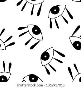 Seamless pattern with  cute cartoon eyes in abstract style. Black graphic drawnig of eyeballs with eyelashes on white background. Trendy modern poster. Minimalism style.