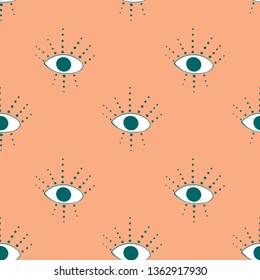 Seamless pattern with  cute cartoon eyes in abstract style. White graphic drawnig of eyeballs with eyelashes on beige background. Trendy modern poster. 