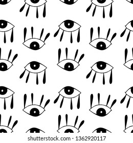 Seamless pattern with  cute cartoon eyes in abstract style. Black graphic drawnig of eyeballs with eyelashes on white background. Trendy modern poster. 