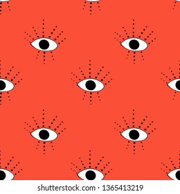 Seamless pattern with  cute cartoon eyes in abstract style. White and black graphic drawnig of eyeballs with eyelashes on coral background. Trendy modern poster. 