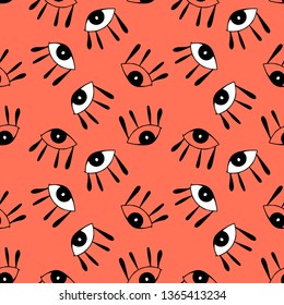 Seamless pattern with  cute cartoon eyes in abstract style. White and black graphic drawnig of eyeballs with eyelashes on coral background. Trendy modern poster. 