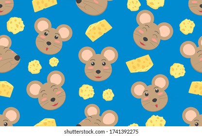 Seamless pattern of cute cartoon face rat with cheese on blue background - Vector illustration