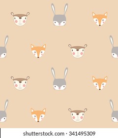 Seamless pattern with cute cartoon faces of forest animals (fox, rabbit, bear). Vector pattern can be used for wallpaper, pattern fills, print on fabric or wrapping paper