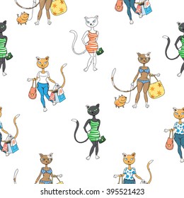 Seamless pattern with cute cartoon fancy cats. Summer women's clothing. Vector image.