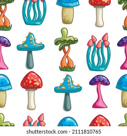 Seamless pattern with cute cartoon fantasy mushrooms. Design for print, package, decor