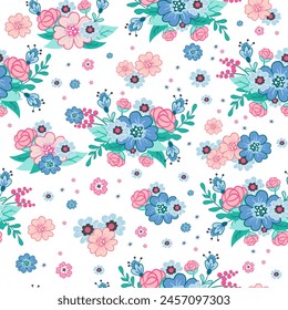 Seamless pattern with cute cartoon fantasy flowers on a white background. Cute cartoon style. Vector illustration. For party, print, baby shower, wallpaper, design, linen, apparel, dishes