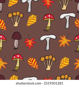 Seamless pattern with cute cartoon fantasy mushrooms. Design for print, package, decor