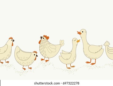 Seamless pattern with cute cartoon farm birds on white background
