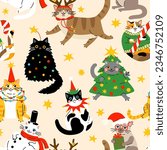 Seamless pattern with Cute cartoon fat cats wearing different Christmas outfits.  Hand drawn vector illustration. Funny xmas background.