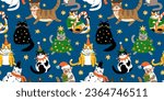 Seamless pattern with Cute cartoon fat cats wearing different Christmas outfits.  Hand drawn vector illustration. Funny xmas background.