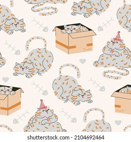 Seamless pattern with cute cartoon fat cat. Funny animal repeating background. Hand drawn design for fabric. Vector illustration