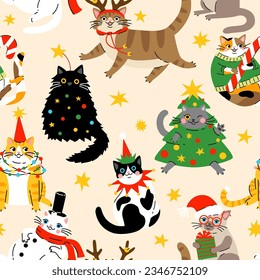 Seamless pattern with Cute cartoon fat cats wearing different Christmas outfits.  Hand drawn vector illustration. Funny xmas background.