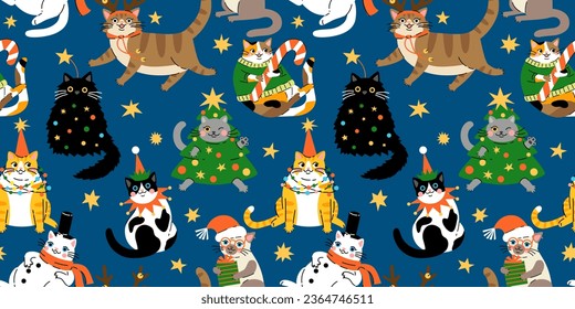 Seamless pattern with Cute cartoon fat cats wearing different Christmas outfits.  Hand drawn vector illustration. Funny xmas background.