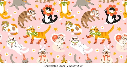 Seamless pattern with Cute cartoon fat cats wearing different funny outfits.  Hand drawn vector illustration. Adorable pet background.