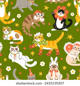 Seamless pattern with Cute cartoon fat cats wearing different funny outfits.  Hand drawn vector illustration. Adorable pet background.