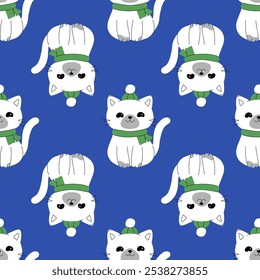 Patrón sin fisuras con lindos gatos gordos de dibujos animados con diferentes trajes de Navidades. Ilustración vectorial dibujada a mano. Fondo divertido de Navidad.