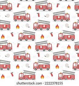 Seamless pattern with cute cartoon fire engines. Can be used for nursery room, textile, wallpaper, packaging, clothing. Flat style. 