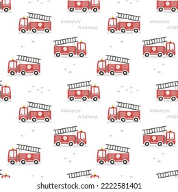 Seamless pattern with cute cartoon fire engines. Can be used for nursery room, textile, wallpaper, packaging, clothing. Flat style. 