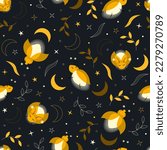 Seamless pattern with cute cartoon fireflies, moon, stars and leaves