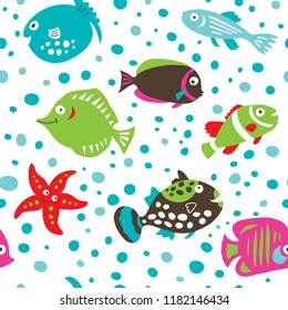 Seamless pattern with cute cartoon fish on a white background