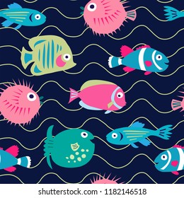 Seamless pattern with a cute cartoon fish on a dark background