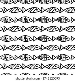 Seamless pattern with cute cartoon fish. Doodle fish are drawn with a black liner on a white background. Print for textiles, wrapping paper, and notebook covers. Vector illustration.