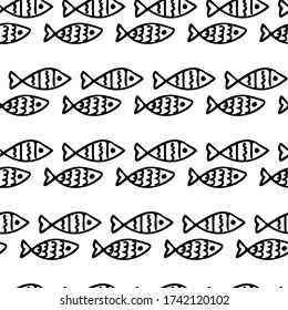 Patrón sin foco con peces de dibujos animados bonitos. Los peces Doodle son dibujados con un revestimiento negro sobre un fondo blanco. Imprimir para textiles, papel de embalaje y carátulas para portátiles. Ilustración vectorial.