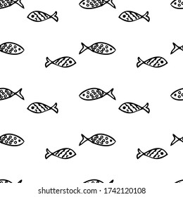 Seamless pattern with cute cartoon fish. Doodle fish are drawn with a black liner on a white background. Print for textiles, wrapping paper, and notebook covers. Vector illustration.