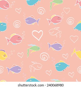 Seamless pattern cute cartoon fish. Hand drawn background