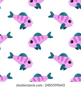 Seamless pattern with cute cartoon fish. Textured marine animals in flat style. Tile on white backdrop for childish print, wrapping, textile, background. Vector graphic design.