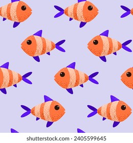 Seamless pattern with cute cartoon fish. Textured marine animals in flat style. Tile for childish print, wrapping, textile, background. Vector graphic design.