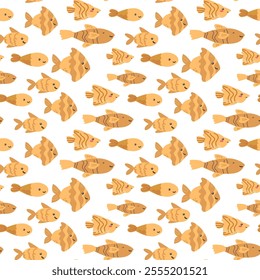 Seamless pattern of cute cartoon fish in various shades of brown.