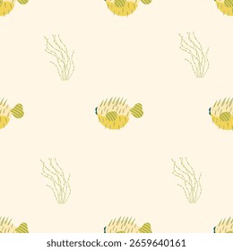Seamless pattern with cute cartoon fish on a light background. Playful and minimal marine design in flat style, ideal for kids' textiles