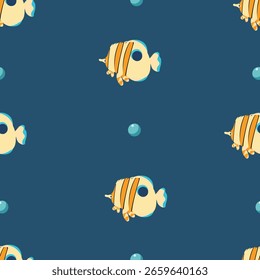 Seamless pattern with cute cartoon fish on a light blue background. Playful and minimal marine design in flat style, ideal for kids' textiles