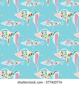 Seamless pattern cute cartoon fish. Cute background for website, texture, fabric, invitation, save the date cards. Vector illustration in the style of zentangle, doodle, ethnic, tribal design. 