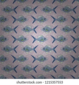 Seamless pattern with cute cartoon fishes. Fishes in yellow, orange and blue colors. Vector illustration.