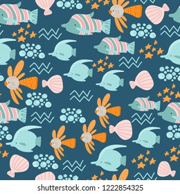 seamless pattern of cute cartoon fishes on blue background. vector scandinavian illustration. childish texture for fabrics, textiles, paper, wallpaper.