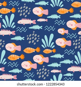 seamless pattern of cute cartoon fishes on blue background. vector scandinavian illustration. childish texture for fabrics, textiles, paper, wallpaper.