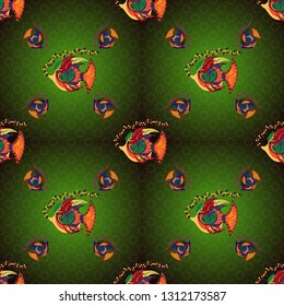 Seamless pattern with cute cartoon fishes. Fishes in black, gray and green colors. Vector illustration.