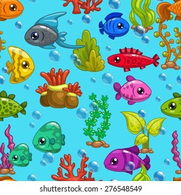 Seamless pattern with cute cartoon fishes and sea weeds on blue