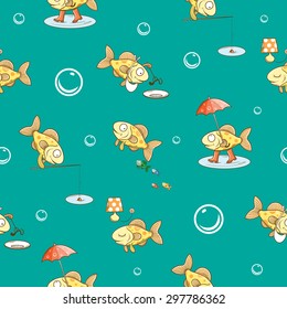 Seamless pattern with cute cartoon fishes on a blue background.