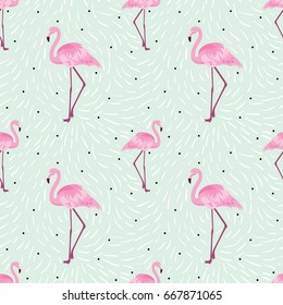 seamless pattern with cute cartoon flamingo on light  background