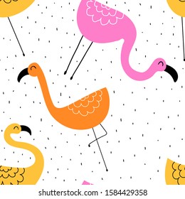 Seamless pattern with cute cartoon flamingos, decor elements. hand drawing. Flat colorful vector. animal theme. design for fabric, textile, print, wrapper